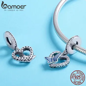 BAMOER 925 Ayar Gümüş Kristal Kelebek Kalp Şekli Charm fit Kadınlar Charm Bilezikler DIY Takı Kız Arkadaşı Hediye SCC818