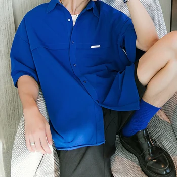 Basit Kore Trend Patchwork erkek gömleği Rahat Yaz Yeni Yarım Kollu Gevşek Sivri Yaka Tasarım Moda Tek göğüslü Üst
