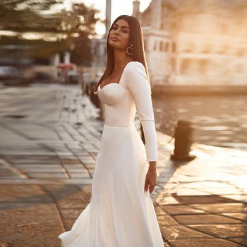 Basit Zarif Sevgiliye Bir Çizgi Saten düğün elbisesi Uzun Kollu Backless Sweep Tren Robe De Mariee Vestidos De Novia Özelleştirmek