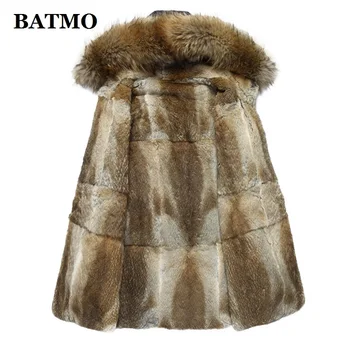 Batmo 2019 yeni varış kış yüksek kalite sıcak tavşan kürk astar kapşonlu mavi ceket erkekler, rakun kürk yaka kış sıcak tutan kaban erkekler