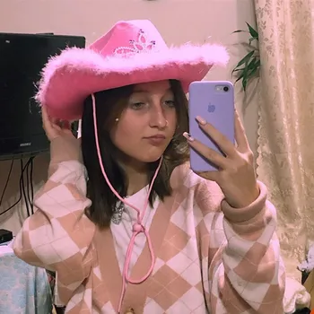 Batı Tiara kovboy şapkası Pembe Kadın Kız Doğum Günü Partisi Kapaklar Tüy Pullu Dekorasyon saç tacı Gece Kulübü Kostüm Şapkalar