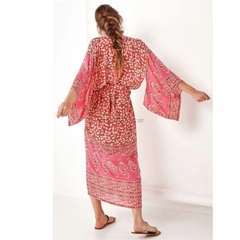 Bayan Bahar Tatili Şifon Kimono Hırka Retro Kırmızı Çiçek Baskılı Mayo Cover Up Gevşek Orta Buzağı Maxi Uzunluğu Plaj Elbise