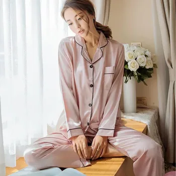 Bayan Ipek Saten Pijama Pijama Set Uzun Kollu Pijama Pijama Pijama Takım Elbise Kadın Uyku Iki Parçalı Set Loungewear Artı Boyutu