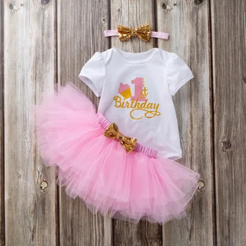 Bebek Doğum Günü Elbise 1 Yıl 3 Parça Kıyafetler Bebek Yürüyor Kız Giysileri Yenidoğan Romper Bebek Tül Tutu Vestidos 2 T Baskı giyim