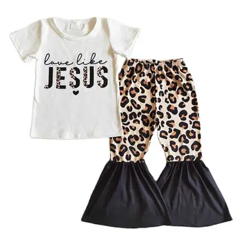 Bebek Kız Aşk Gibi isa Çocuk Giysileri Toptan Toddler Beyaz Kısa Kollu Set Kıyafet Çocuk Leopar Siyah Çan Alt Pantolon
