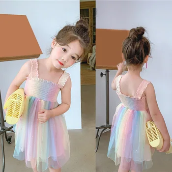 Bebek Kız yaz elbisesi Gökkuşağı Örgü Tutu Elbise Yürümeye Başlayan Sevimli Parti Askı Elbiseler Çocuklar Prenses Elbise Bebek çocuk giyim