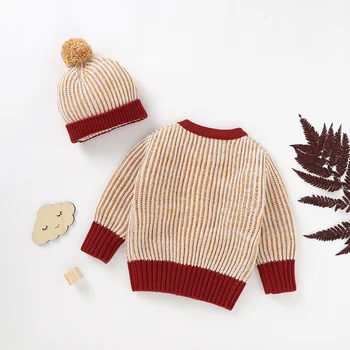 Bebek Sonbahar Mont Bebek Erkek Kız Elbise Karışık Renk Uzun Kollu Tek göğüslü Örme Dış Giyim Hırka + Peluş yuvarlak şapka