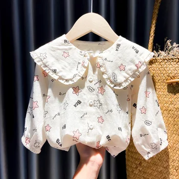 Bebek Yaka Sevimli Bluz Baskı Yıldız Dantelli Bebek Kız Gömlek Kız Üstleri 2022 Sonbahar Giysileri Dantel Puf Uzun Kollu Yumuşak Pamuklu Tişört