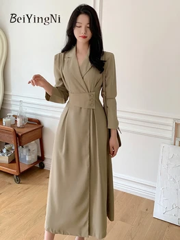 Beiyingni Zarif Lüks Uzun Takım Elbise Elbiseler Kadınlar için Katı Kore Şık Fransız Moda Tam Kollu Midi Elbise Yatak Açma Yaka Elbise