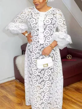 Beyaz Afrika Zarif Elbiseler Kadınlar İçin Hollow Out 2022 Yeni Müslüman Moda Abayas Dashiki Robe Kaftan Uzun Maxi Elbise Tek Parça