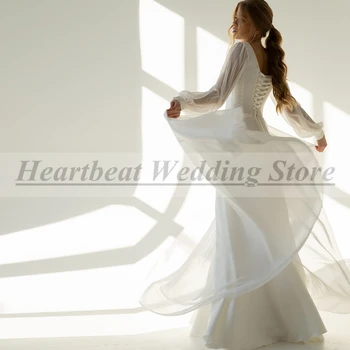 Beyaz düğün elbisesi V Boyun Boncuk Bir Çizgi Kat Uzunluk Basit Uzun Kollu gelin kıyafeti Gelin Korse Geri Vestidos De Novia