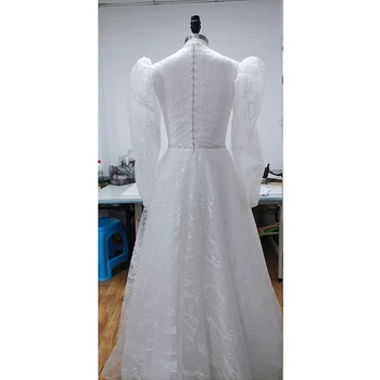 Bir Çizgi Puf Kollu Kat Uzunluk düğün elbisesi Glitter Kumaş Parlaklık O Boyun Resmi gelin kıyafeti Gelin İçin Özel Vestido De Noche