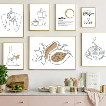 Bir Çizgi Çizim Kahve Fincanı Kadın Yemek Takımı duvar sanatı tuval yağlıboya İskandinav Posterler Ve Baskılar Duvar Resimleri mutfak dekoru