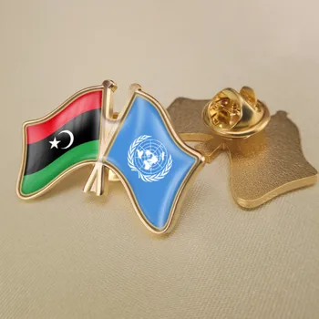 Birleşmiş Milletler ve Libya Arap Jamahiriya Çapraz Çift Dostluk Bayrakları Broş Rozetleri Yaka İğneler