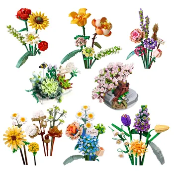 Bitki Saksı Yapı Taşları Buket Güller Monte Yapı Taşları Romantik Mikroskobik Çiçekler Ev Dekorasyon çocuk Oyuncak