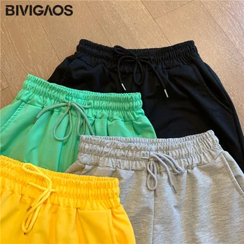 BIVIGAOS 2020 Yeni Yüksek Bel Delik Spor Geniş Bacak Pantolon Bayan Pamuklu günlük pantolon Örtü Düz Gevşek pantolon Kadın Sweatpants