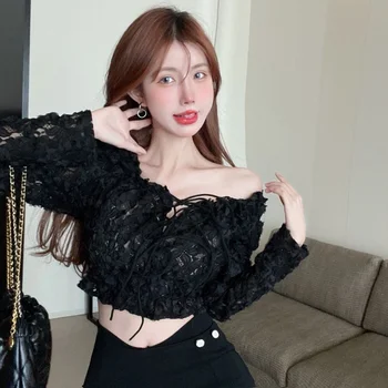 Bluzlar Kadınlar Clubwear Katı Moda dantel-up Tasarım Kadınsı Sonbahar Tüm Maç Tatlı Tarzı Seksi Kore Y2k Bitkileri İnce Blusas Şık