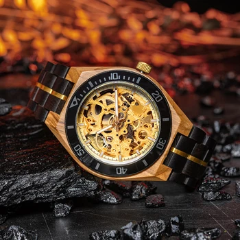 BOBO KUŞ erkek Kol Saati Lüks Otomatik mekanik saatler İskelet Altın Ahşap Mekanik Saat Üst Marka Saat Özel Logo