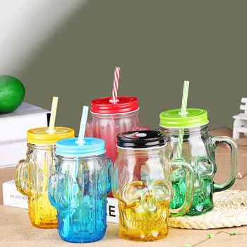 BPA ücretsiz Cam Kupa cam turşu kavanozu Degrade Renk Kaplı Saman Süt çay Bardağı Meyve Suyu İçin soğuk içecek Mutfak Aksesuarları