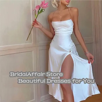 BridalAffair Basit Beyaz Kokteyl Parti Elbise Yular Yan Yarık Geri Seksi Balo Orta Buzağı Bayan Gece Bez Kıyafet Elbise Açık İpek