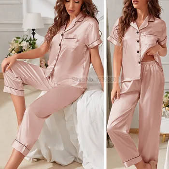 Büyük Boy 3XL-5XL Pijama Takım Elbise Düğmeleri İle kadın kıyafetleri Salonu Yaz Yaka Pijama Gecelik Saten İki Adet Uyku Seti