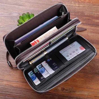 Büyük kapasiteli çift katmanlı iş debriyaj cüzdan Erkekler için Vintage uzun deri para çanta Erkek pasaport Telefon sikke kart tutucu