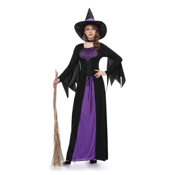 Cadılar bayramı Cadı Vampir Kostümleri Kadınlar için Yetişkin Korkunç Mor Karnaval Parti Performans Drama Masquerade Giyim Şapka ile
