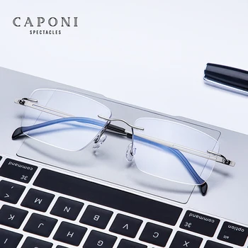CAPONI çerçevesiz saf titanyum gözlük erkekler için klasik Anti mavi ışık optik gözlük çerçeve marka tasarımcı gözlük JF5019