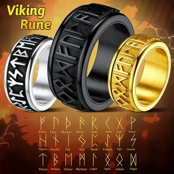 ChainsPro Erkekler Kadınlar İskandinav Viking Spinner Runes Yüzük Paslanmaz Çelik / Altın Kaplama Dönebilen Bant Fidget Yüzük Anksiyete CP773