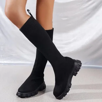 Chelsea Çizmeler Sonbahar Kış Yeni Diz Üzerinde Streç Çorap Çizmeler Kadın Orta Topuklu Uzun Çizmeler Platformu Kadın Ayakkabı Botas Mujer