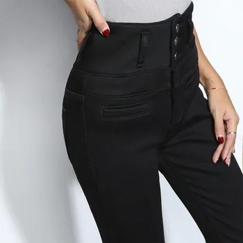 Cintura alta de terciopelo grueso Jeans Mujer invierno Z53 Delgado elástico cálido pantalones vaqueros mamá negro pantalones