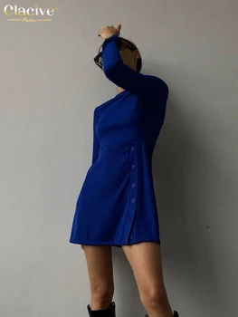 Clacive Moda Mavi Mini Elbise Bodycon O-boyun Uzun Kollu Elbise Vintage Tek Göğüslü Zarif kadın elbiseleri İçin Parti 2022