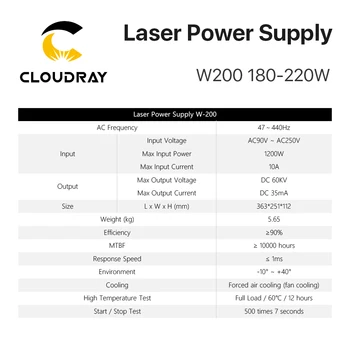 Cloudray 180-220W W200 AC90V-AC250V CO2 Lazer Güç Kaynağı 47~440Hz CO2 Lazer Oyma Kesme Makinesi