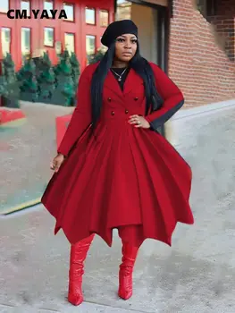 CM.YAYA Kış Uzun Kollu Çift Düğme Klasik Düzensiz Pilili Etek Uzun Siper Kadın Streetwear Turn-aşağı Boyun Karışımları