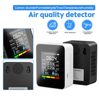 CO2 Metre 5 İN 1 Gaz Dedektörü Taşınabilir Sıcaklık Nem LCD Dijital Çok Fonksiyonlu TVOC HCHO Hava Kalitesi Monitör