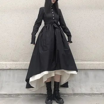 Coolfel Gotik Siyah Saray Maxi Elbise Vintage Goth Katı Standı Yaka Bandaj Düzensiz Pilili Elbiseler Koyu Punk Streetwear
