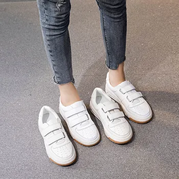 CXJYWMJL Hakiki Deri Kadın Kanca ve Döngü Sneakers Bahar Kalın Taban küçük beyaz ayakkabı Bayanlar Sonbahar Rahat vulkanize ayakkabı