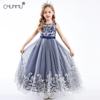 Dantel Nakış Resmi Uzun gelinlik Tutu Prenses Elbise Çiçek Kız Çocuk Giyim Çocuk Parti Kız Giysileri için