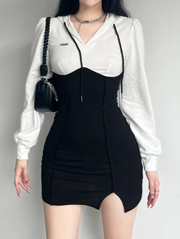Darlingaga Rahat Dikiş Kapşonlu Bodycon Uzun Kollu Sonbahar Elbise Mini Kore Moda Siyah Beyaz Kadın Elbise Ince Temel Elbise