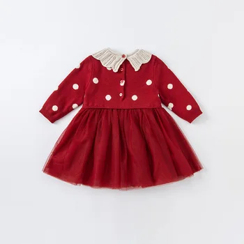 DBJ18798 dave bella sonbahar bebek kız sevimli nokta örgü patchwork elbise çocuk moda parti elbise çocuk bebek lolita giysileri