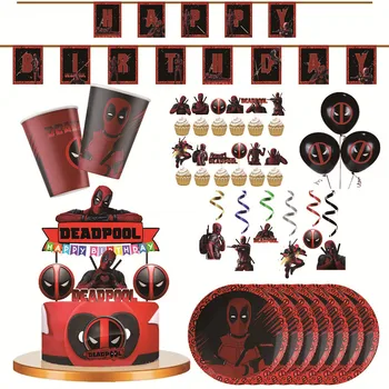 DEADPOOL Tema Doğum Günü Partisi Dekorasyon Malzemeleri Tabaklar Kupası Bayrak Peçeteler Tek Kullanımlık Sofra Malzemeleri Seti çocuk oyuncakları Hediyeler