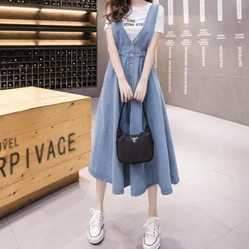 Denim Kot Kadın Askısı Uzun Etekler Yüksek Belli Vintage Gevşek Pilili Mavi Kulübü Streetwear Pamuk Seksi Harajuku Jean Etek 2023