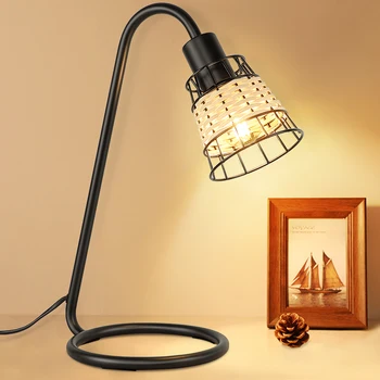 Depuley Yaratıcı İskandinav masa lambası Modern Metal Komidin Minimalist Masa Lambası Rattan Gölge Siyah E12 LED Ampul Dahil