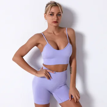 Dikişsiz Kadın Yoga Seti Egzersiz Gömlek spor pantolonları Sutyen Spor Giyim Kısa Kırpma Üst Yüksek Bel Koşu Tayt spor seti
