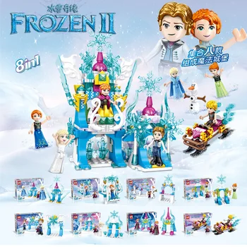 Disney Dondurulmuş Montaj Yapı Taşları 8in1 Prenses Elsa Anna Kale Mermaid Saray İnşaat Oyuncakları Kız Hediye