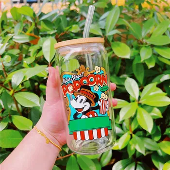 Disney Mickey Patlamış Mısır Bira can gözlük Bambu Kapaklı Ve Saman Kahve Fincanı Ofis Ev Su Süt Bardak Mutfak Drinkware hediyeler