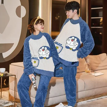 Doraemon Anime Pijama Setleri Kadın Kış Kalınlaşmak Çiftler Pijama Yumuşak Sıcak Erkek Pijama Pijama Femme Dökün Karikatür Kedi Severler