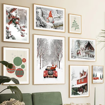 Duvar sanatı tuval yağlıboya Noel Ağacı Kırmızı Ev Santa Arabası Geyik Oturma Odası Dekorasyon Posterler Ve Baskılar Duvar Resimleri