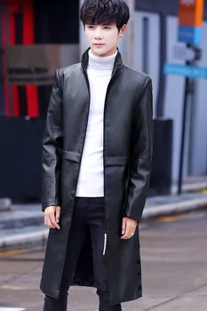 DYB & ZACQ Sonbahar ve Kış erkek Yeni Standı Yaka Deri Trençkot İnce Moda Yakışıklı Pelerin Diz Üzerinde Genç Ceket 4XL