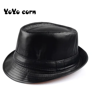 Düz renk Deri erkek şapka Geniş Ağız Stetson Fedoras İngiliz Şapka Erkekler İçin/Kadın Gentman Siyah Gömme Caz Hip - Pop Gorras kap